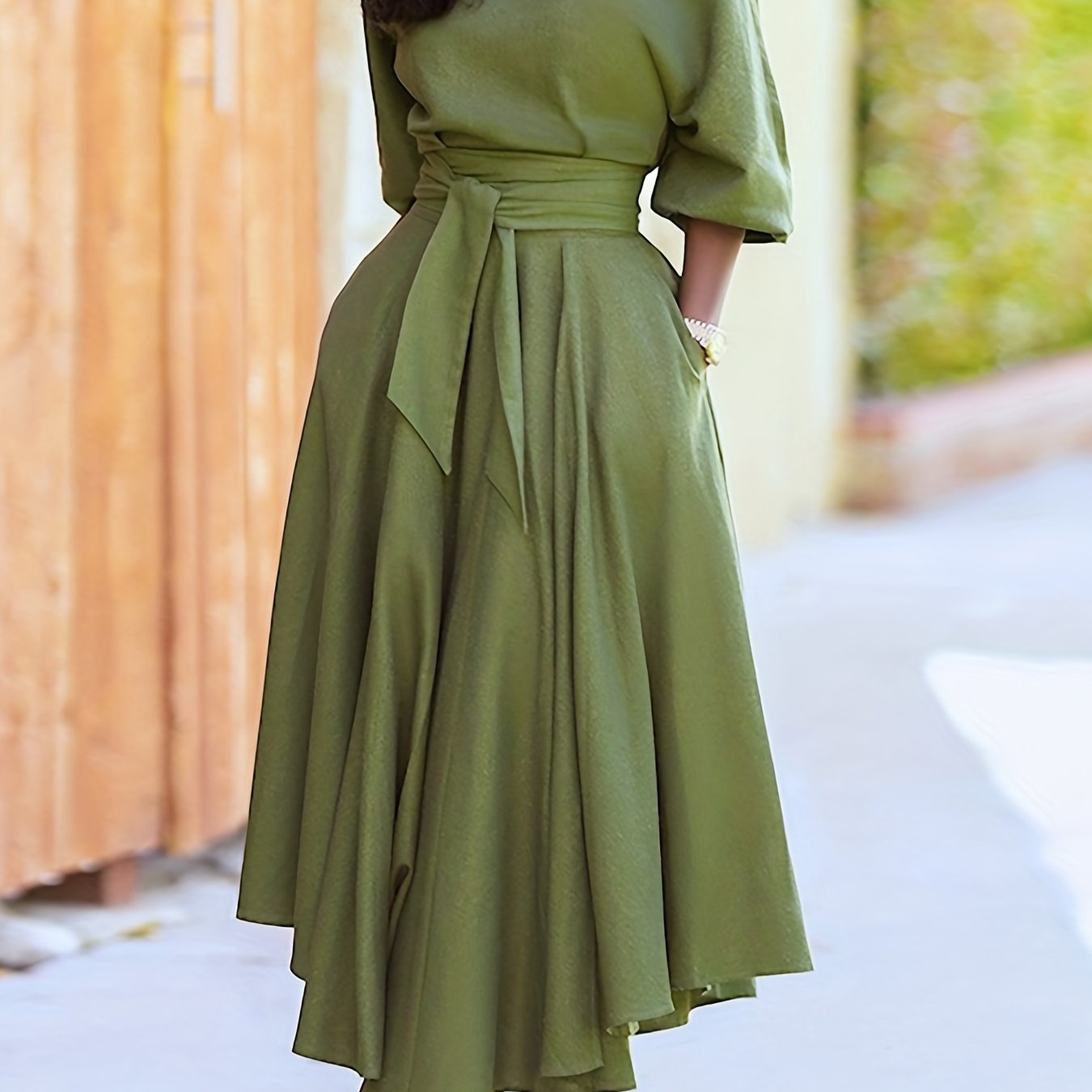 Solid Bubble Sleeve Maxi Dress With Belt