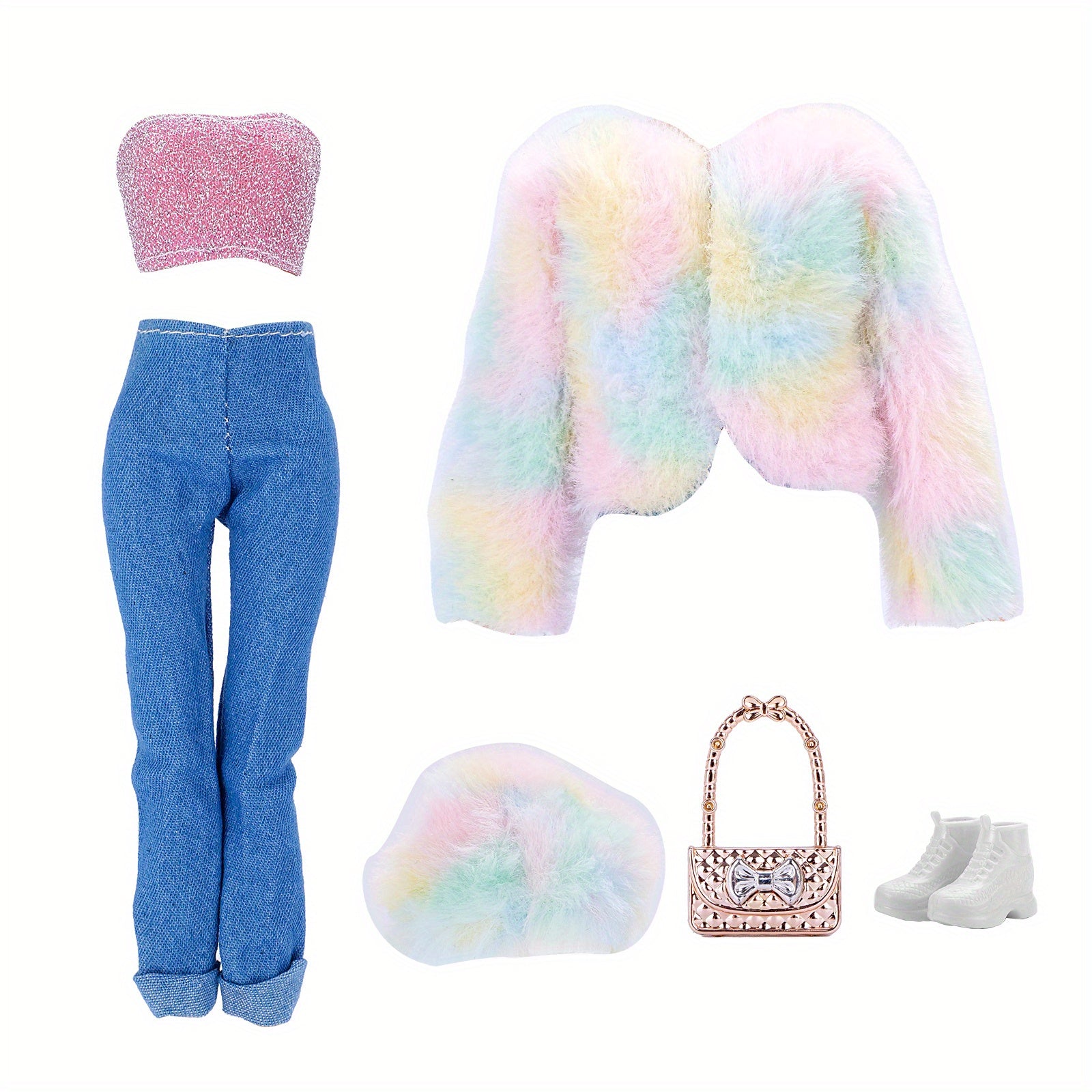 Doll Clothes Set for 11 Inch Doll Faux Fur Coat Denim Jeans Accessories