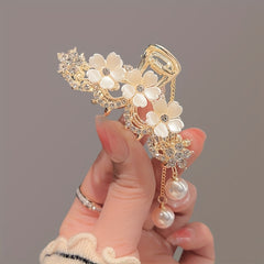 Camellia Rhinestones Faux Pearl Tassel Hair Clip & Metal Hair Clip