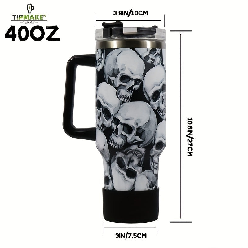 40oz Skull Print Water Bottle Insulated Leak Proof Sports Cup with Handle