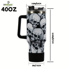 40oz Skull Print Water Bottle Insulated Leak Proof Sports Cup with Handle