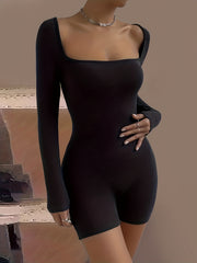 Solid Squared Neck Romper Casual Long Sleeve Bodycon Romper Women's Clothing