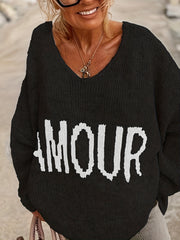Letter Pattern V Neck Pullover Sweater Casual Long Sleeve Sweater