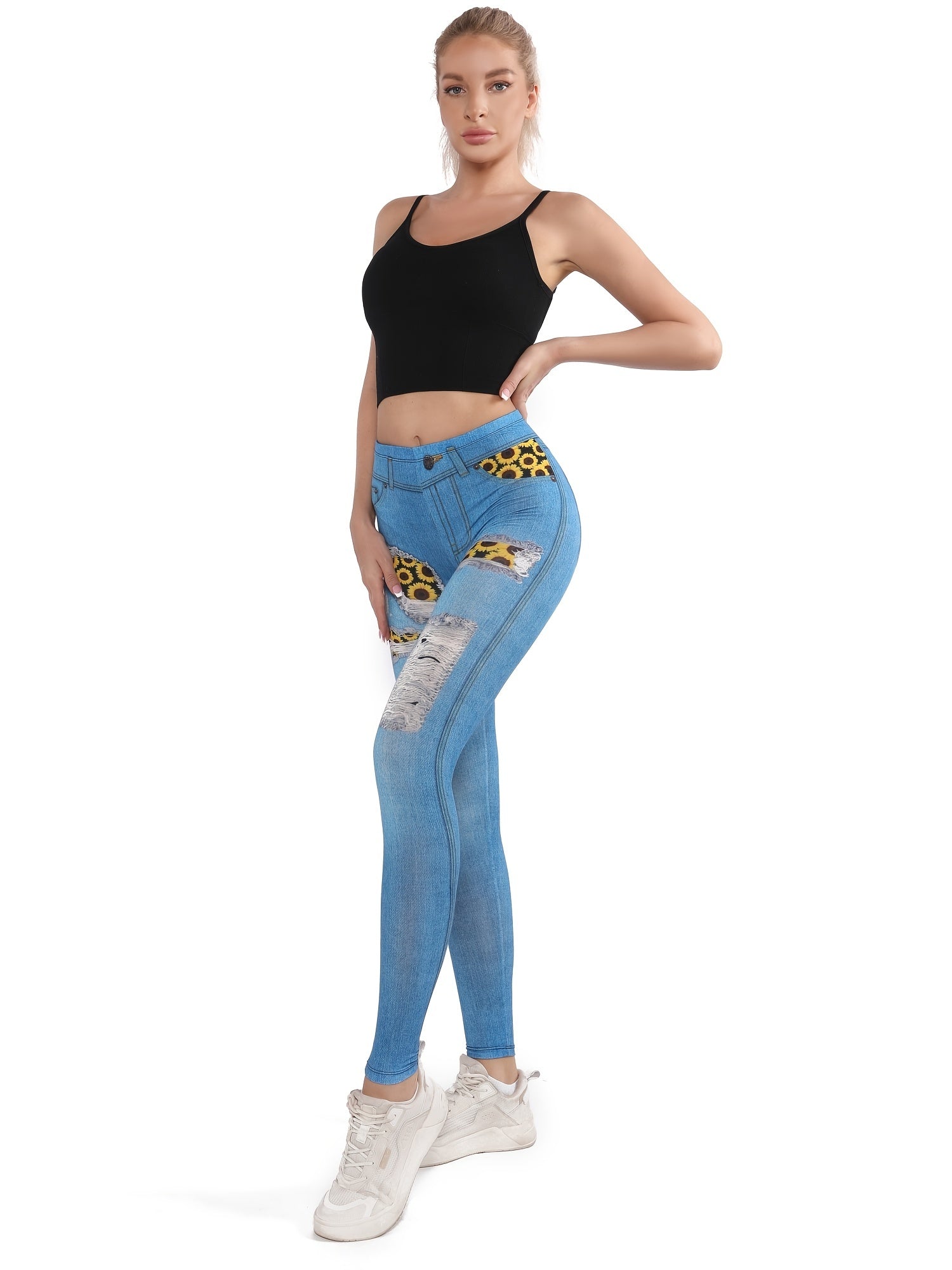Denim Print High Waist Leggings Workout Casual Slim Yoga Pants