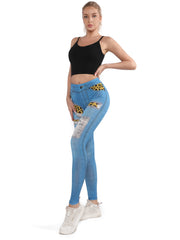 Denim Print High Waist Leggings Workout Casual Slim Yoga Pants