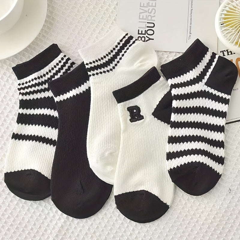 5 Pairs Striped Letter Print Low Cut Ankle Socks Women's Stockings