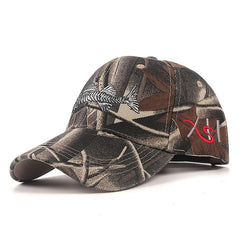 Fish Embroidered Baseball Cap Unisex Grey Camouflage Sun Hat