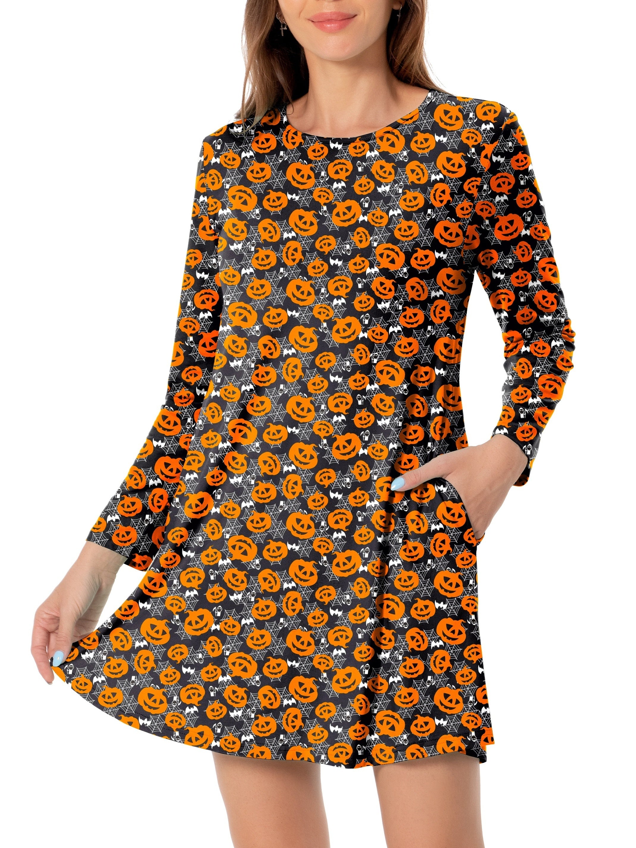 Bat Print Halloween Dress Long Sleeve Mini Dress Women's Clothing