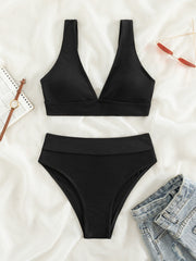 Solid Rib nit High Waist Bikini Swimsuit