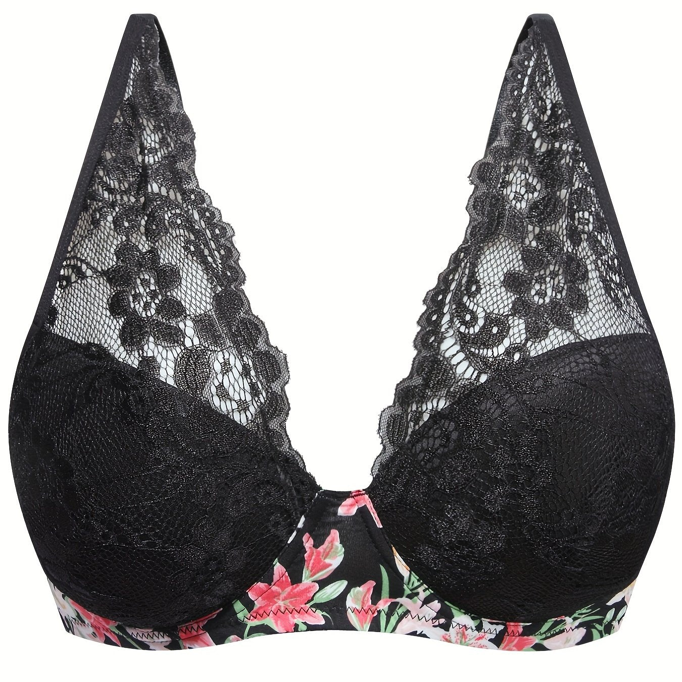 Sexy Bra Women's Plus Floral Print Lace Underwire Molded Cup Bra