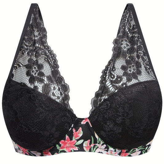 Sexy Bra Women's Plus Floral Print Lace Underwire Molded Cup Bra
