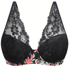 Sexy Bra Women's Plus Floral Print Lace Underwire Molded Cup Bra