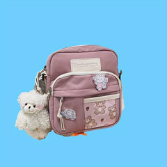 Cartoon Nylon Crossbody Bag With Bear Doll & Badge for Kids