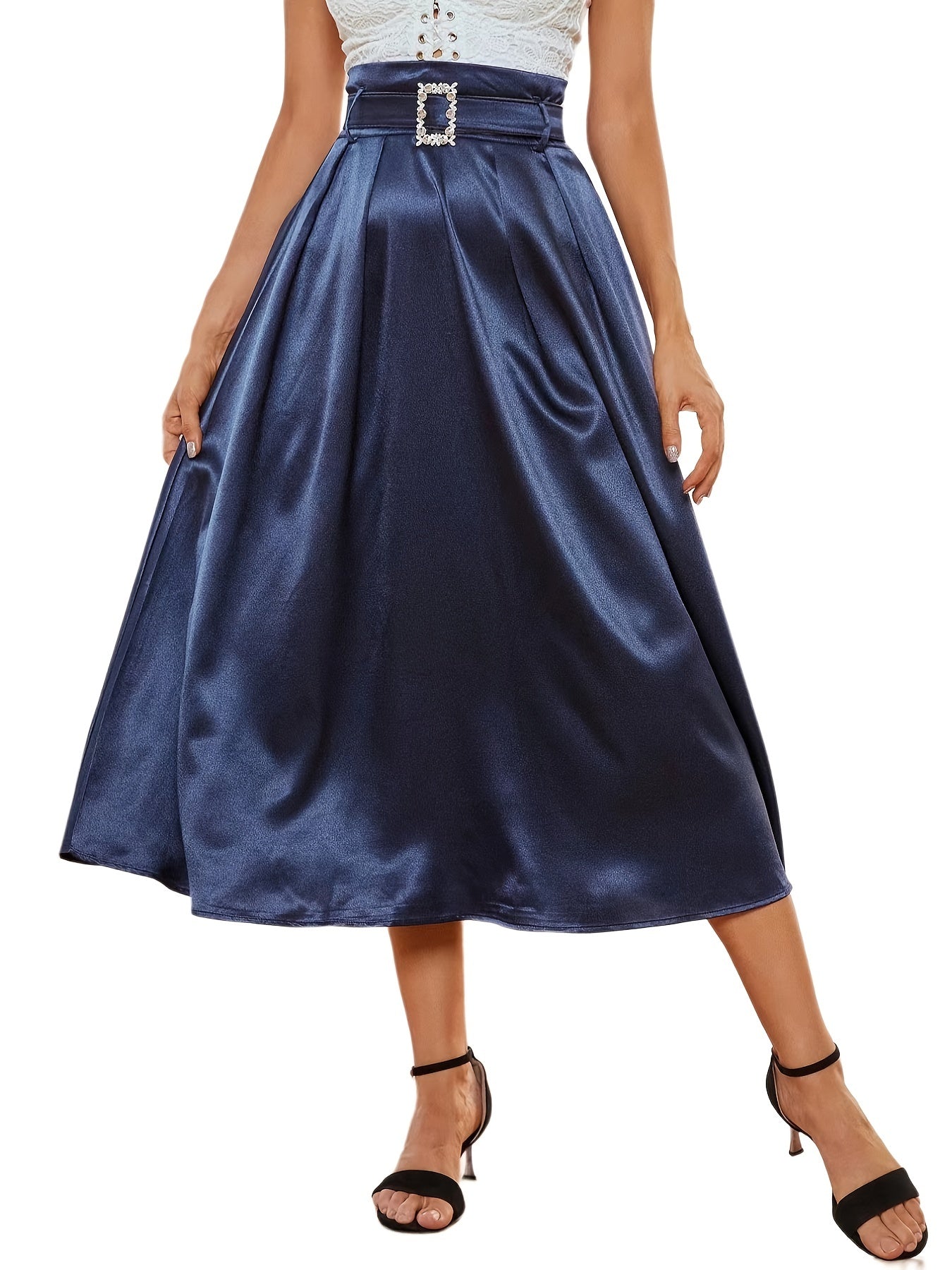 Solid Satin Midi Skirt High Waist Pleated Swing Style