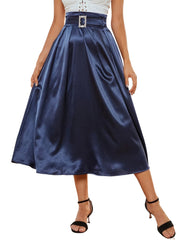 Solid Satin Midi Skirt High Waist Pleated Swing Style