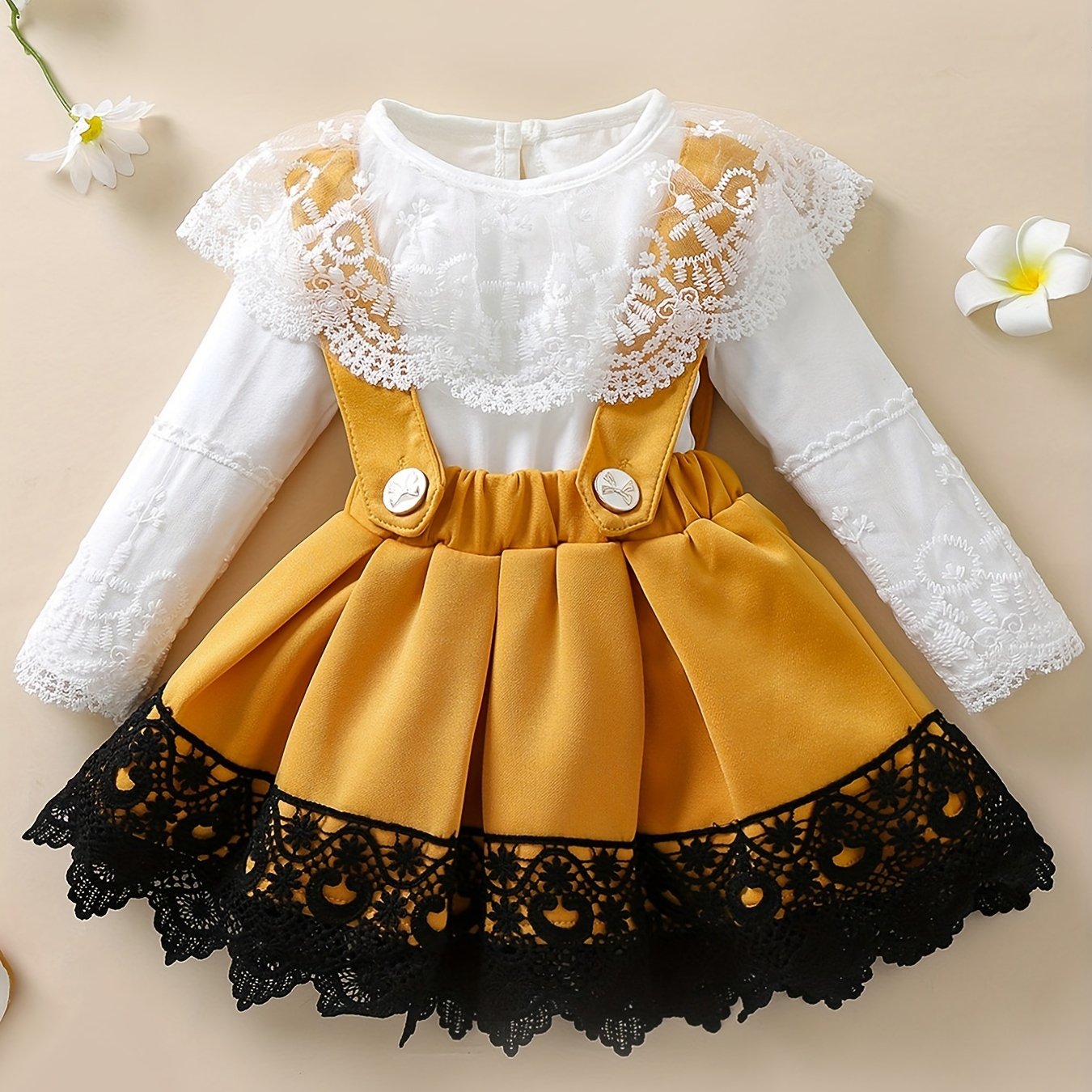 Stylish Lace Neck Baby Romper & Suspender Skirt Set