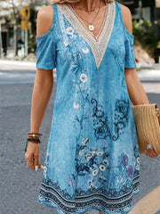 Floral Print Lace Panel Cold Shoulder Mini Dress
