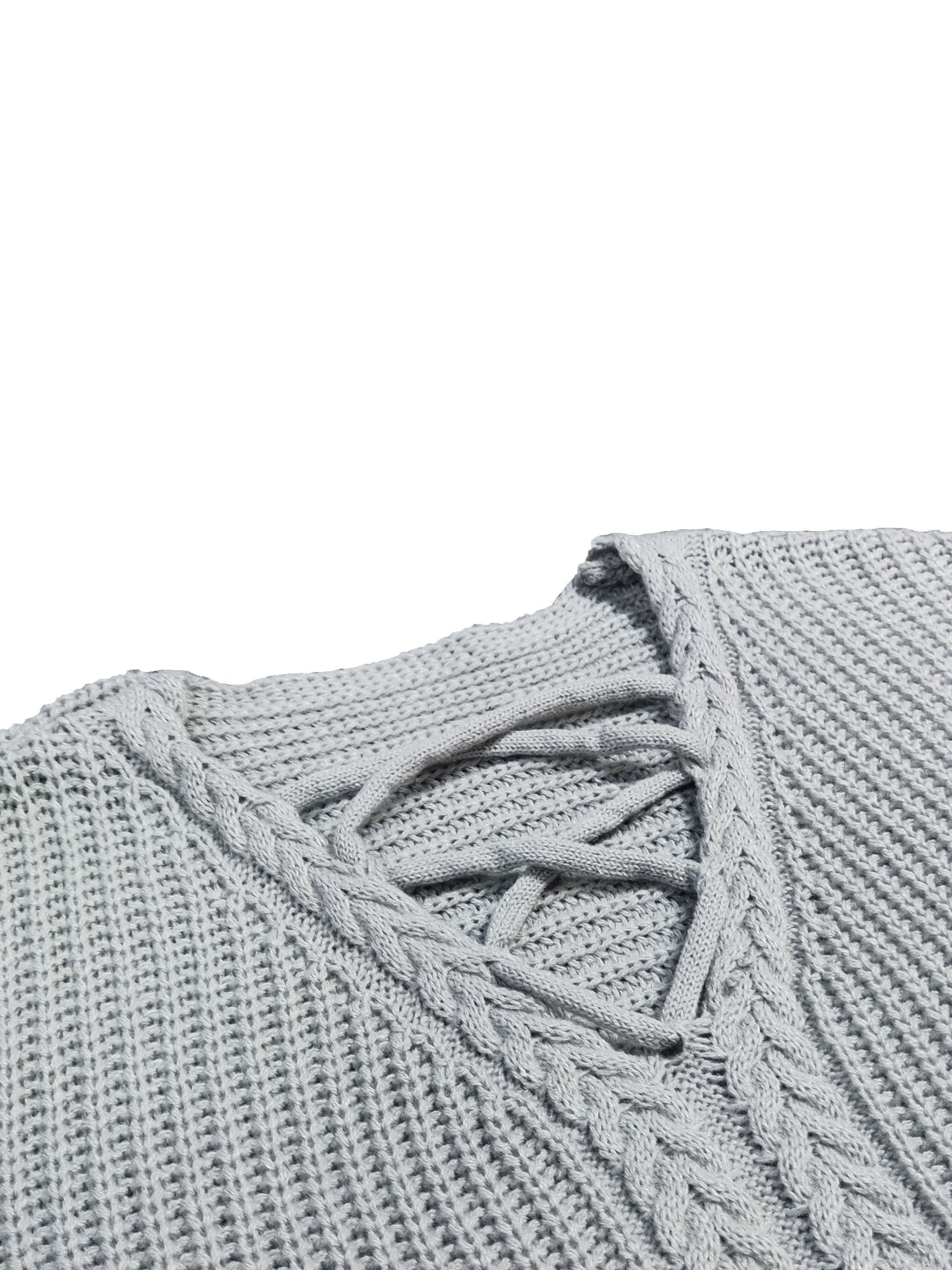 Criss Cross V Neck Solid Sweater Plus Size Lantern Sleeve Casual Sweater