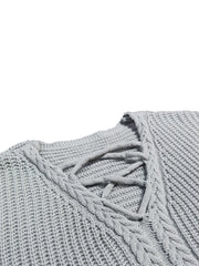 Criss Cross V Neck Solid Sweater Plus Size Lantern Sleeve Casual Sweater