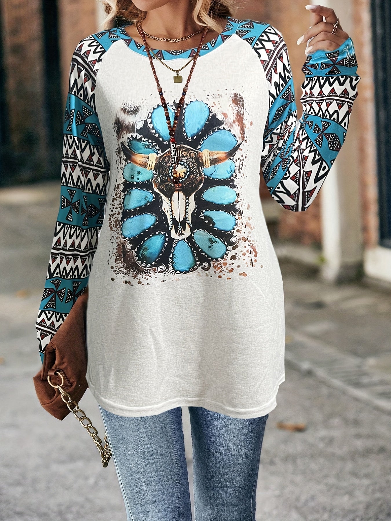 Bull Skull Print Sweatshirt Crew Neck Long Sleeve Casual Women's Clothing