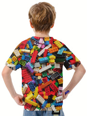 Boys' 3D Building Blocks Graphic T Shirt Active Stretchy Tee
