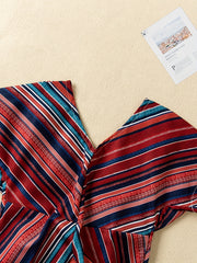 Girls Bohemian Style Dress Short Sleeve Striped V-neck Dress