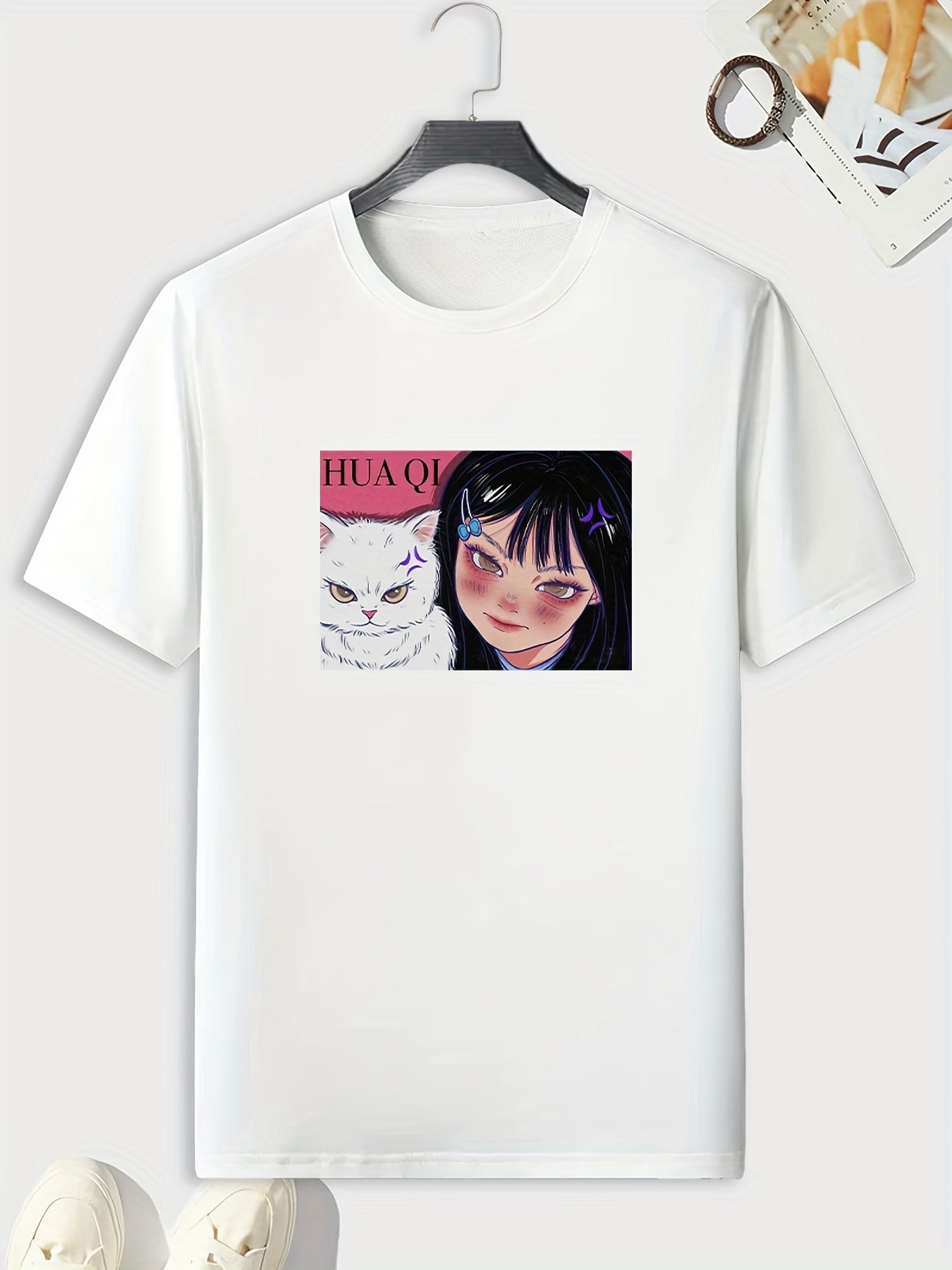 Anime Girl Cat Pattern Men's Sports T-shirt - Summer Outdoor Fitness Gift