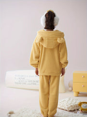 Women's Teddy Bear Plush Pajamas Soft & Warm Hooded Zip Up Top & Pants