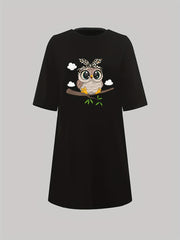 Owl Print Nightdress Short Sleeve Sleep Dress