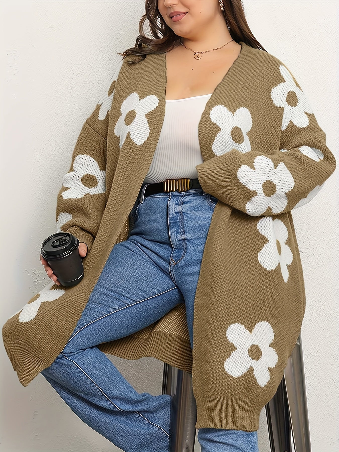Floral Pattern V-Neck Drop Shoulder Cardigan