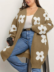 Floral Pattern V-Neck Drop Shoulder Cardigan