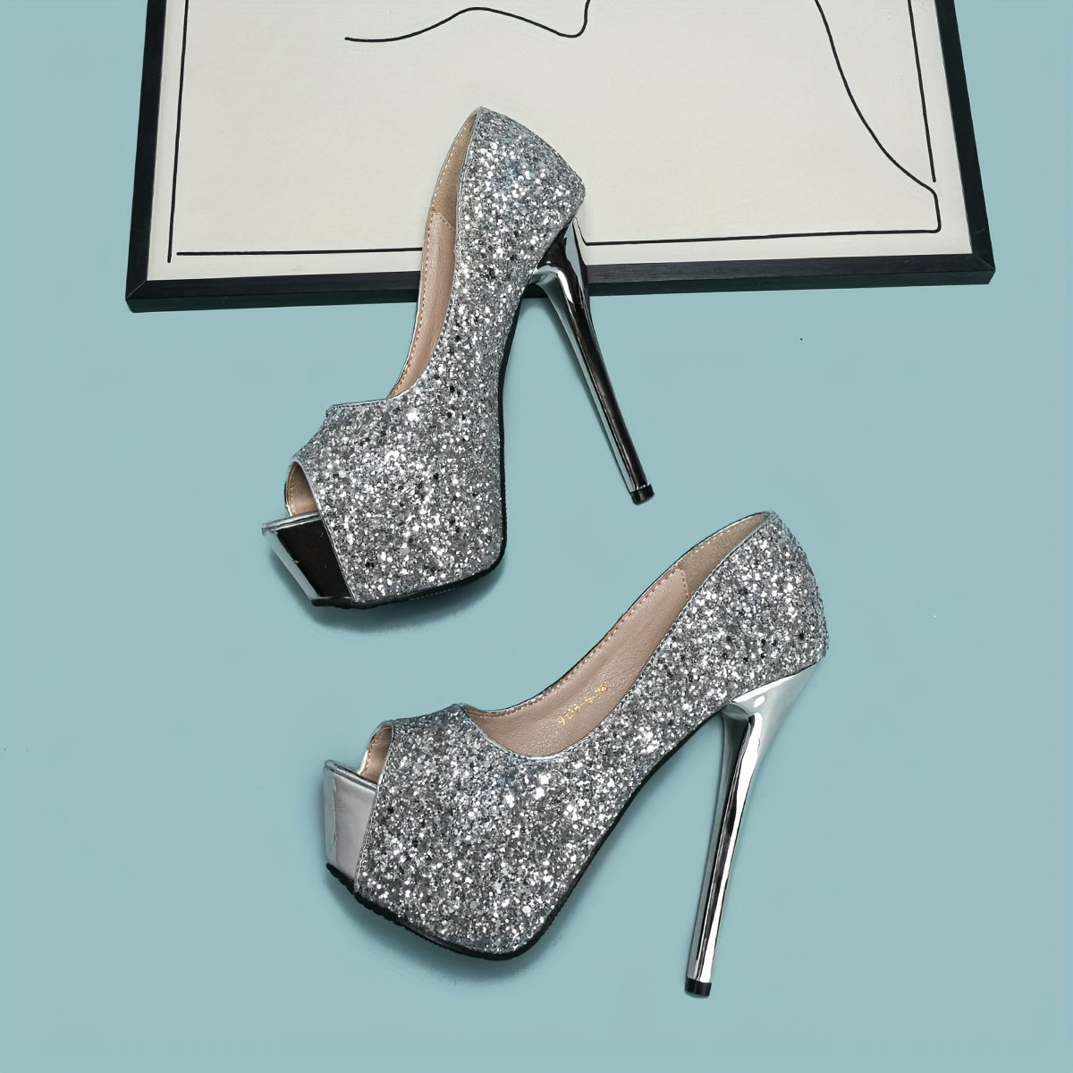 Glitter Sequins Stiletto Heels Peep Toe Pumps Sexy Platform