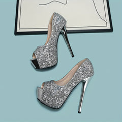 Glitter Sequins Stiletto Heels Peep Toe Pumps Sexy Platform
