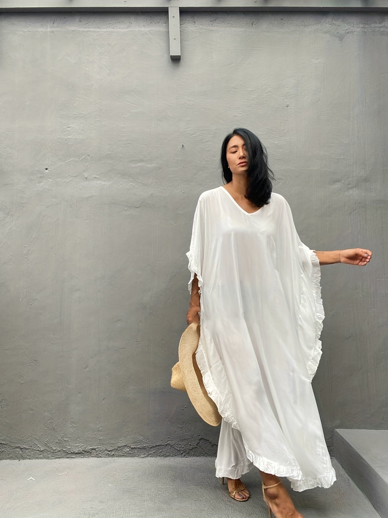 Ruffle Trim Bat Sleeve Cover Up Dress