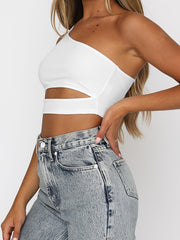 One Shoulder Sleeveless Crop Top Casual Women's Clothing