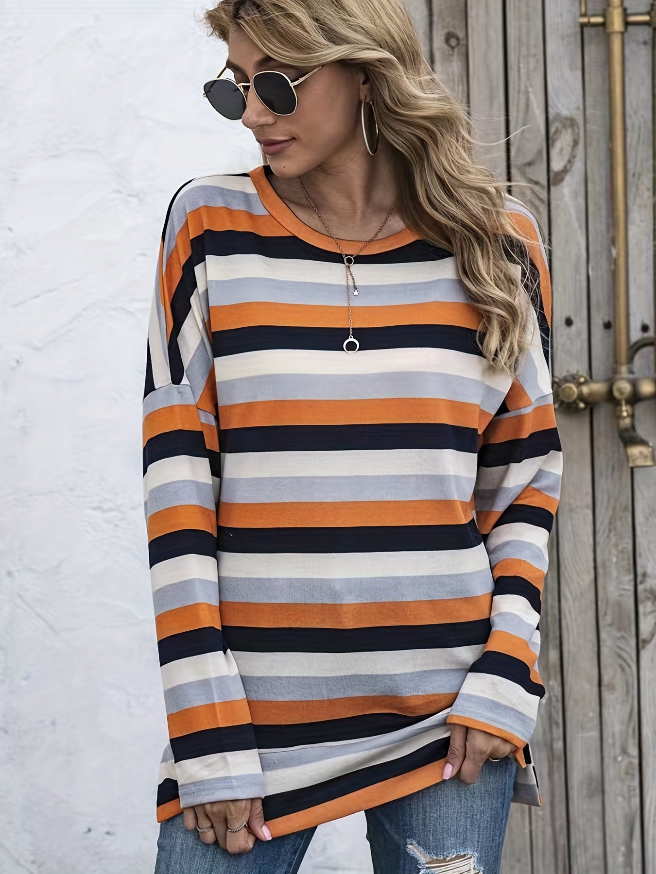 Stripe Print Long Sleeve Round Neck Knit Top