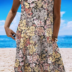 Floral Print Tank Dress Round Neck Slight Stretch