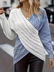 Colorblock Cross Wrap Cable Knit Sweater
