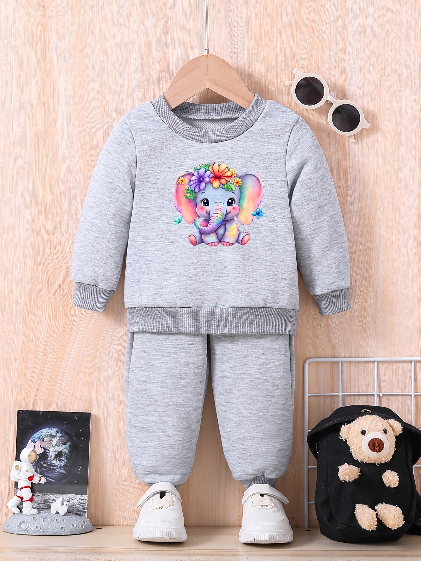 Baby Elephant & Flower Graphic Outfit Long Sleeve Sweatshirt Trousers Set