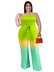 Ombre Print Strapless Flared Leg Jumpsuit With Belt Plus Size