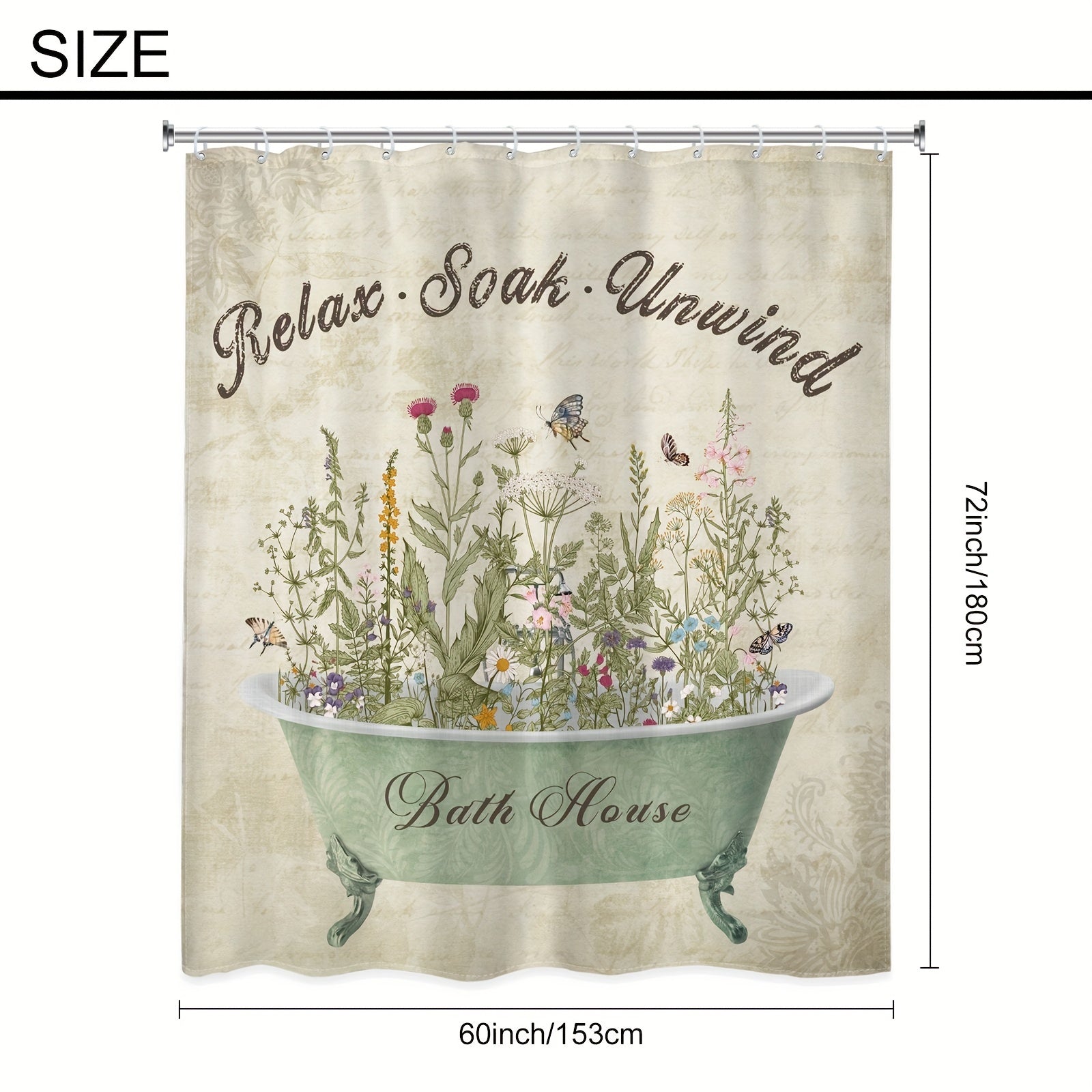 Retro Flower Pattern Shower Curtain 12 Hooks Waterproof Bath Decor