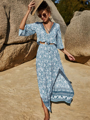 Boho Floral Print 2pc Set Knot V-Neck Tops & High Waist Split Thigh Skirt