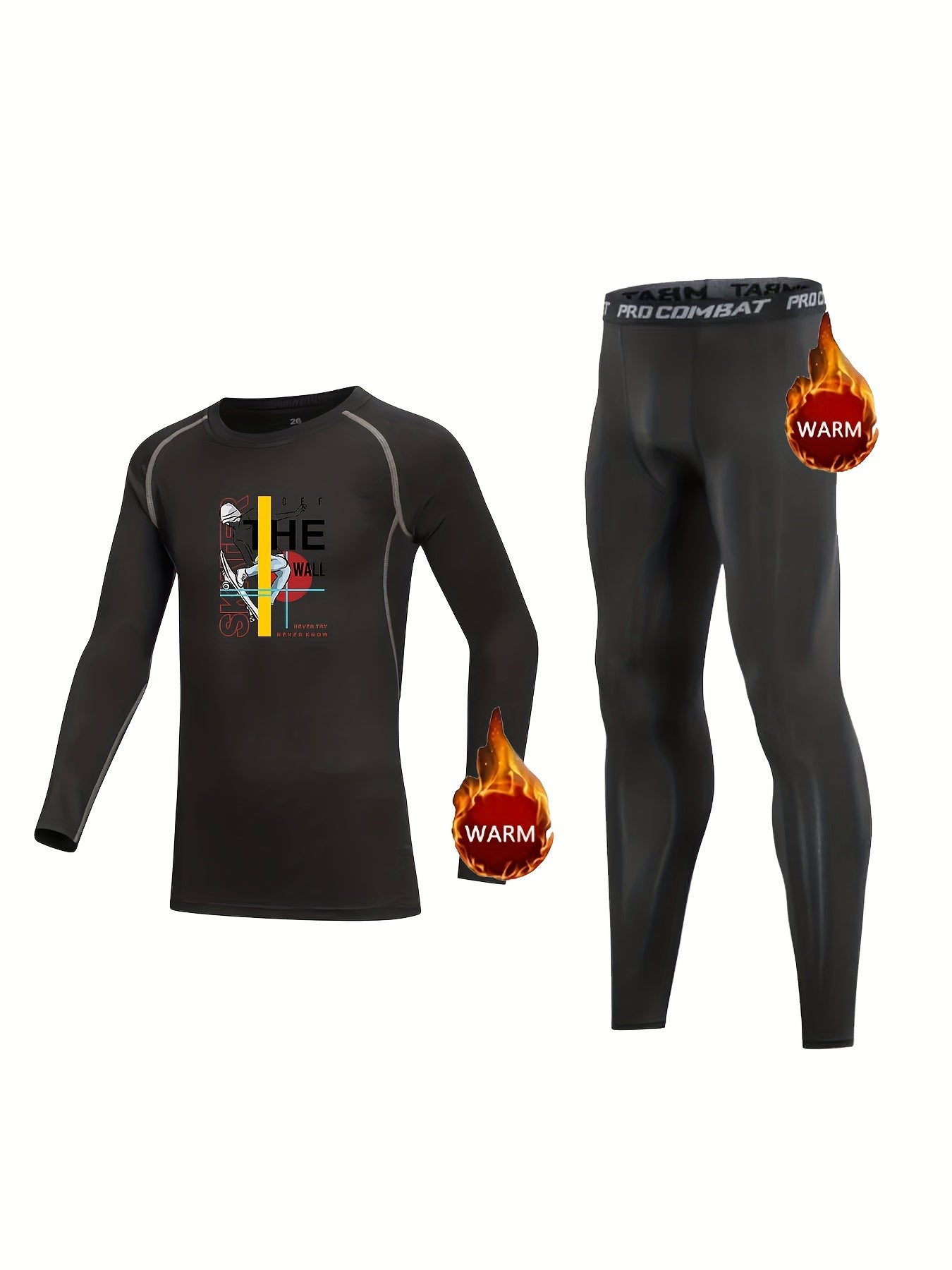 Kids Compression Fleece Sets Skateboard Pattern Pullover Elastic Waist Pant