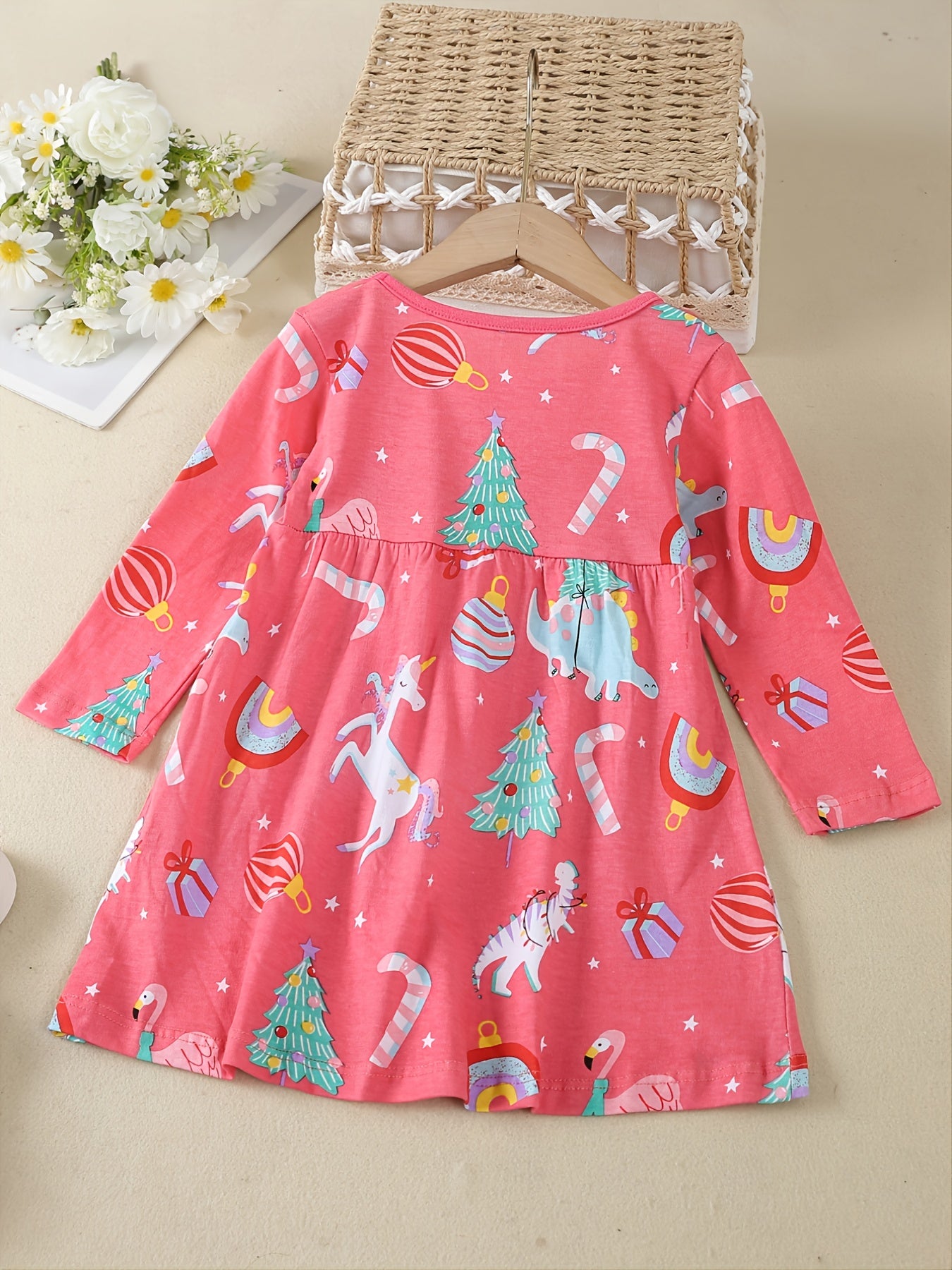 Girls Unicorn Christmas Tree Print Cotton Dress