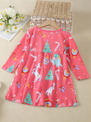 Girls Unicorn Christmas Tree Print Cotton Dress