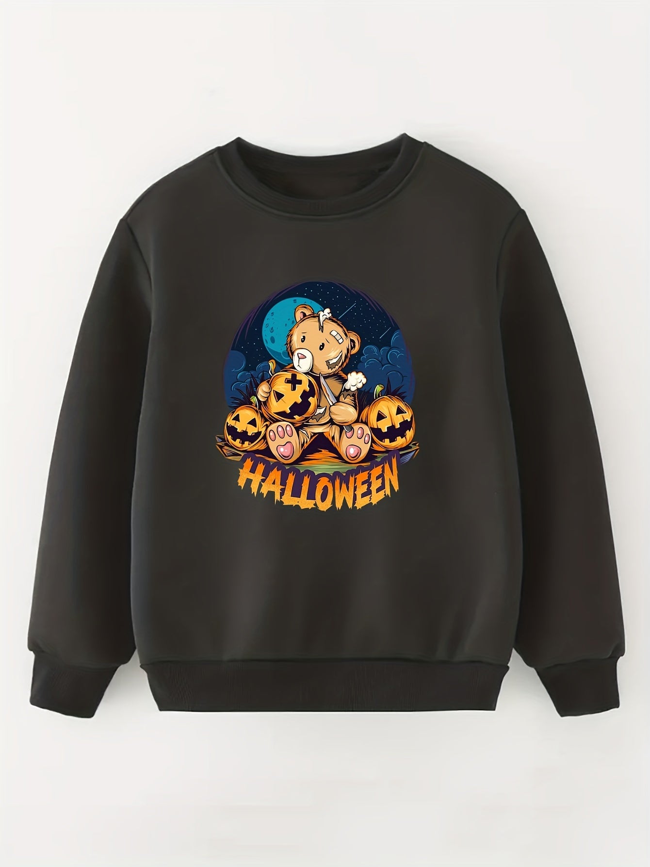Halloween Bear Graphic Girls Sweatshirt Casual Comfort Fit Kids Pullover