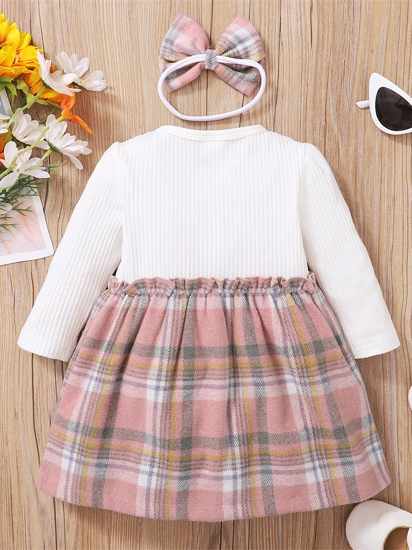 Baby Girls Plaid Bow Dress & Headband Set Winter Clothing