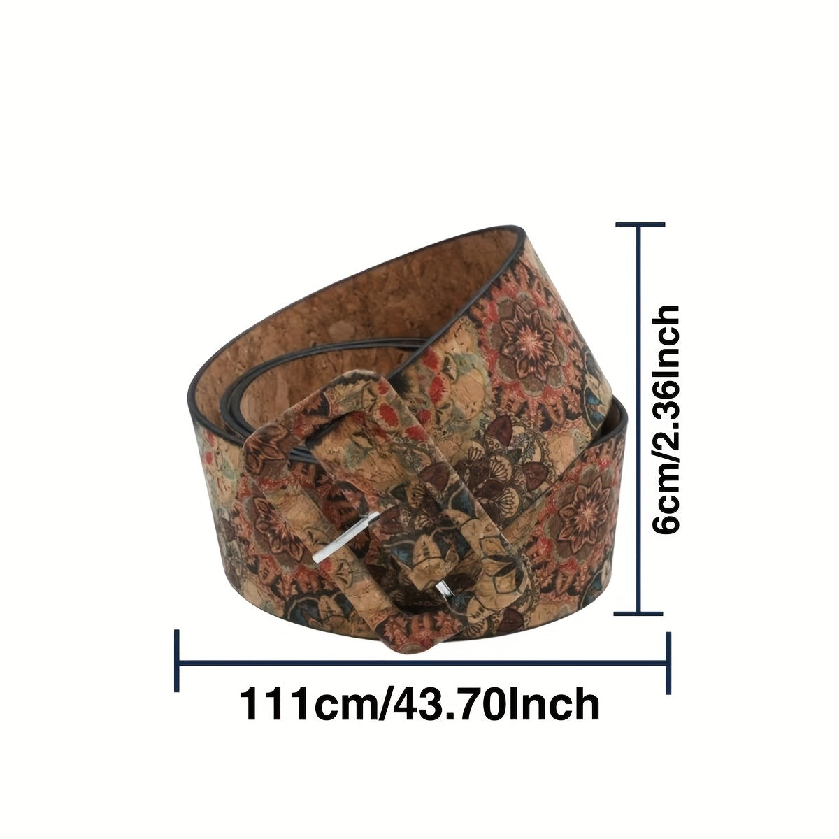 Flower Pattern Faux Leather Belt Boho Rectangular Buckle