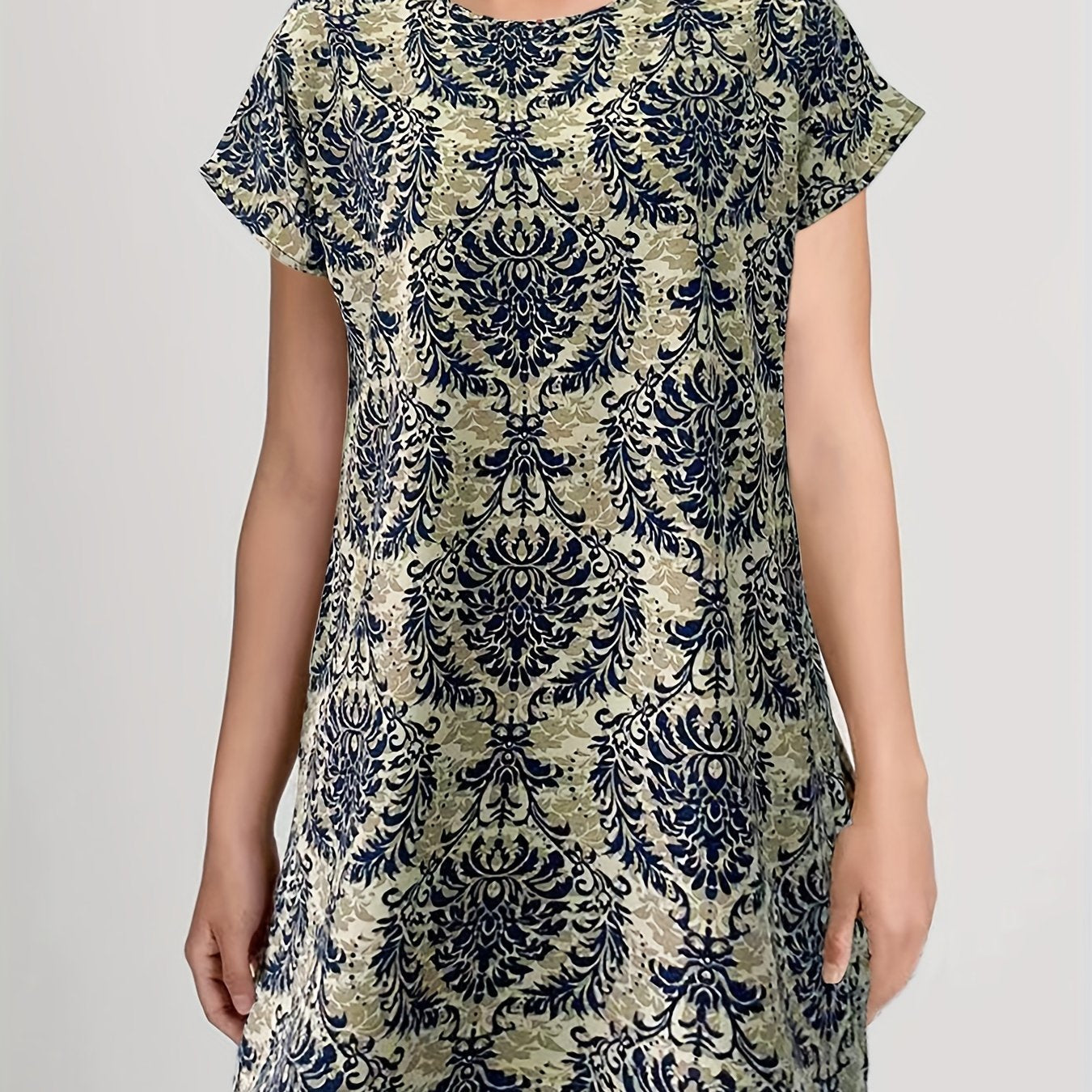 Ethnic Floral Print Dress Boho Crew Neck Short Sleeve Dress