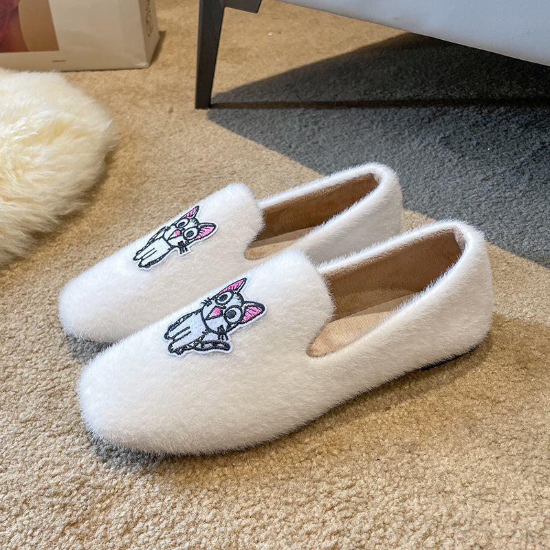 Women's Cat Embroidered Faux Fur Moccasin Slip-On Shoes